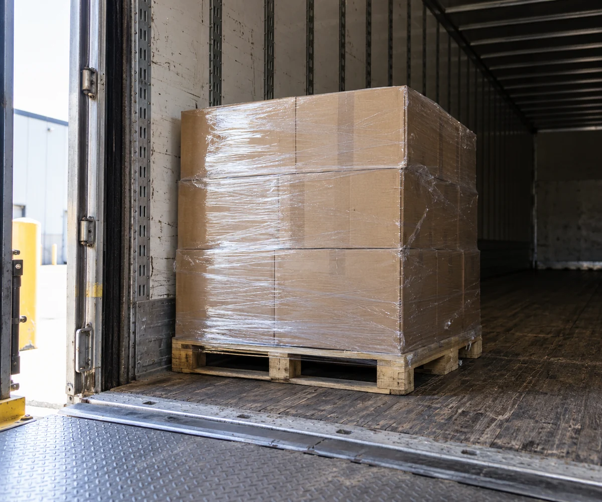 AI-generated palletized cartons at an open dry-van trailer doorway