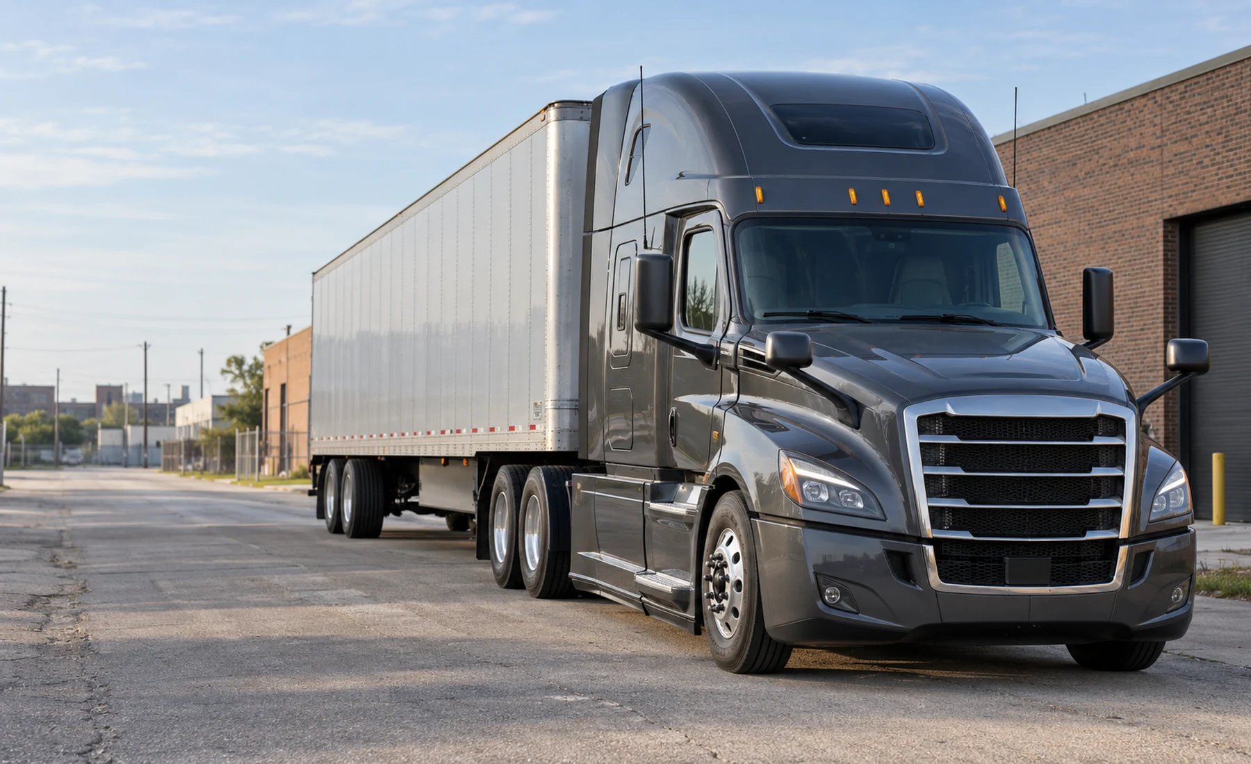 AI-generated unbranded charcoal American semi-truck on a Midwest industrial road