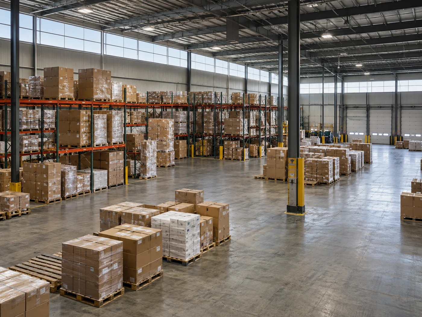 AI-generated warehouse staging area with pallet loads, shelving and steel roof structure